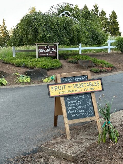 Nottting Hill Farm's farm stand sign alongside Mountain Road outside of Sherwood, Oregon